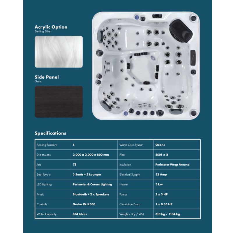 The Solva Hot Tub – 5 Person Hot Tub with Dual Loungers & 75 Jets