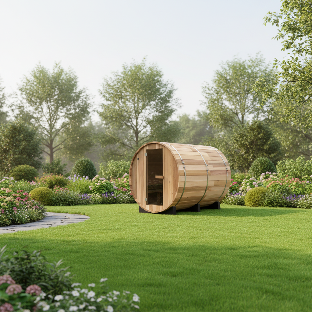 Barrel Sauna in Garden Setting