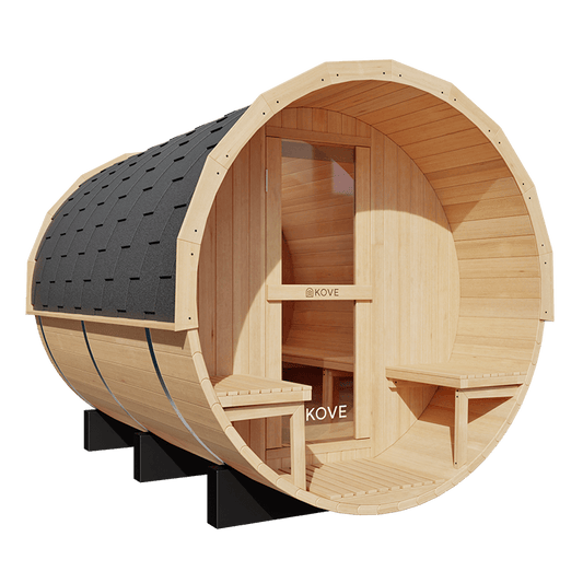 KOVE Outdoor Barrel Sauna – 4–6 Person Garden Sauna with 6kW Harvia Electric Heater