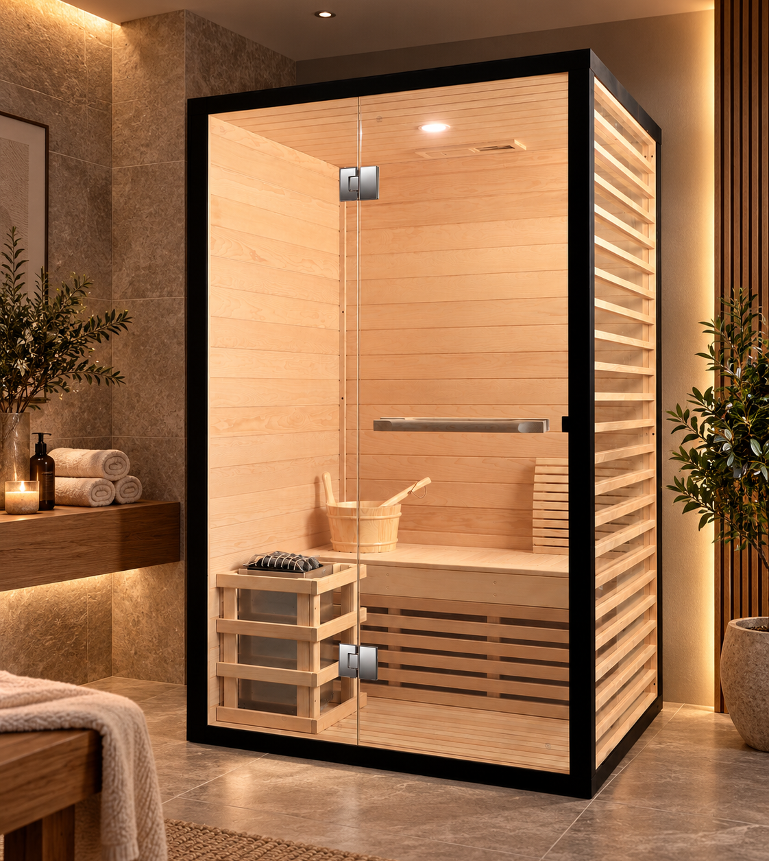 CenturaHeat 2 Person Canadian Hemlock Indoor Sauna with Glass Side Wall and 3kW Harvia Heater