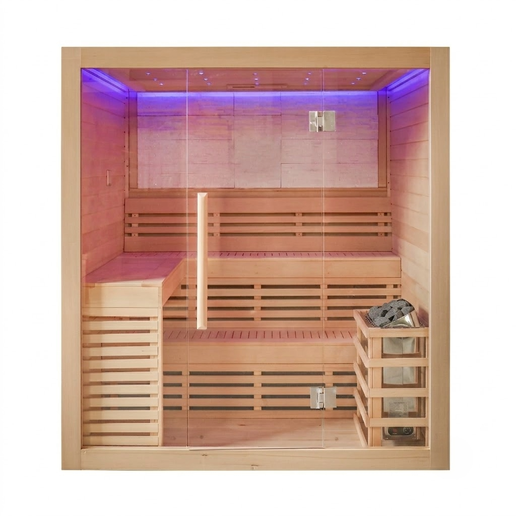 CenturaHeat 4 Person Canadian Hemlock Indoor Sauna with Stone Back Wall and 6kW Harvia Heater