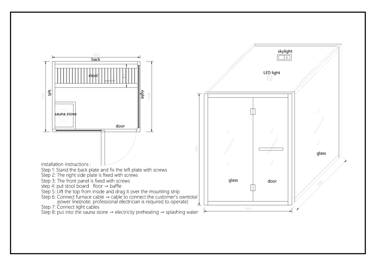CenturaHeat 2 Person Canadian Hemlock Indoor Sauna with Glass Side Wall and 3kW Harvia Heater