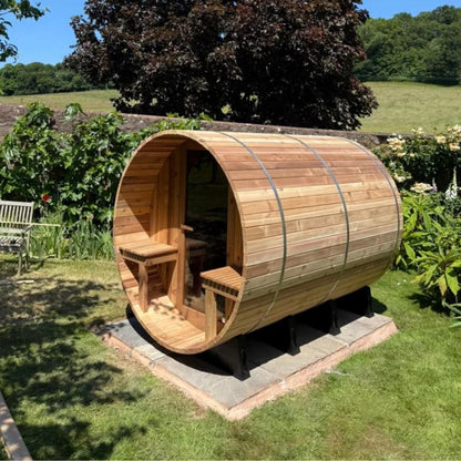 The Barrel Sauna 7+1ft – Western Red Cedar Outdoor Sauna with Sheltered Bench