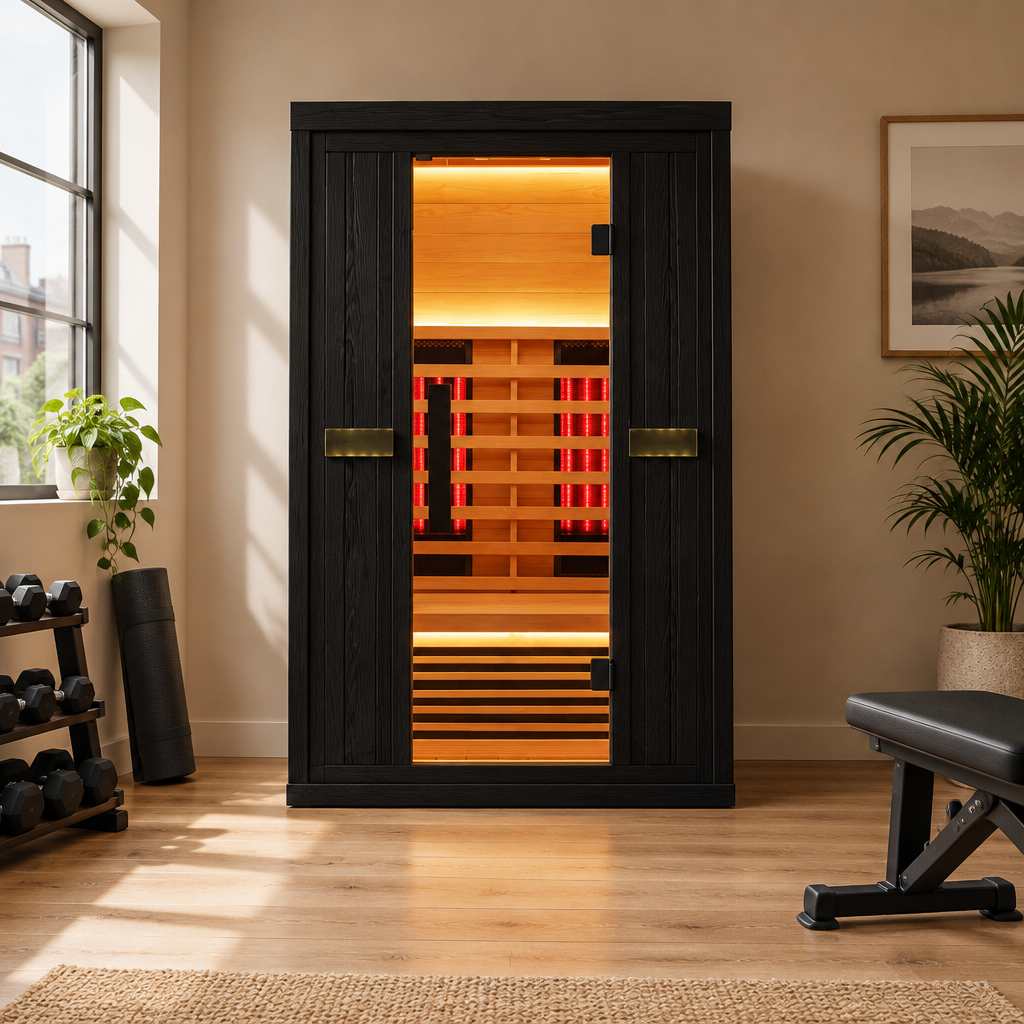Black cedar Ray Haven 2 sauna in a home gym