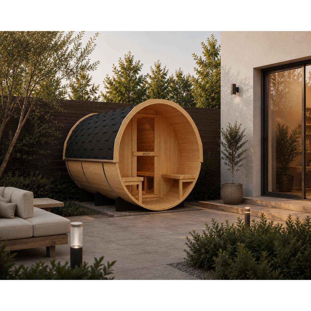 KOVE Outdoor Barrel Sauna – 4–6 Person Garden Sauna with 6kW Harvia Electric Heater