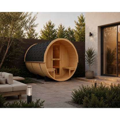 KOVE Outdoor Barrel Sauna – 4–6 Person Garden Sauna with 6kW Harvia Electric Heater