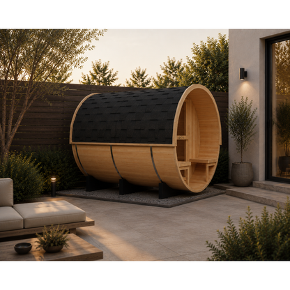 KOVE Outdoor Barrel Sauna – 4–6 Person Garden Sauna with 6kW Harvia Electric Heater